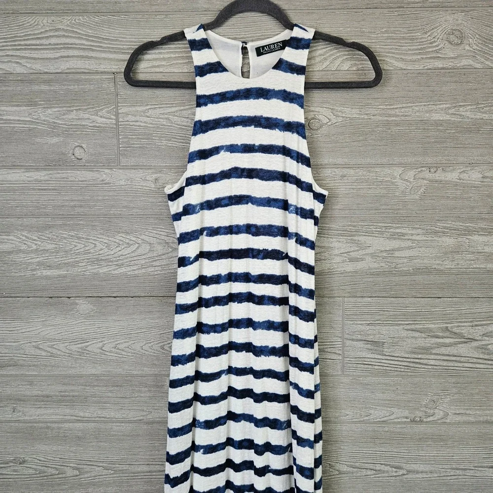 Lauren Ralph Lauren Navy White Striped Linen Maxi Dress Womens Medium Sundress - Picture 3 of 10